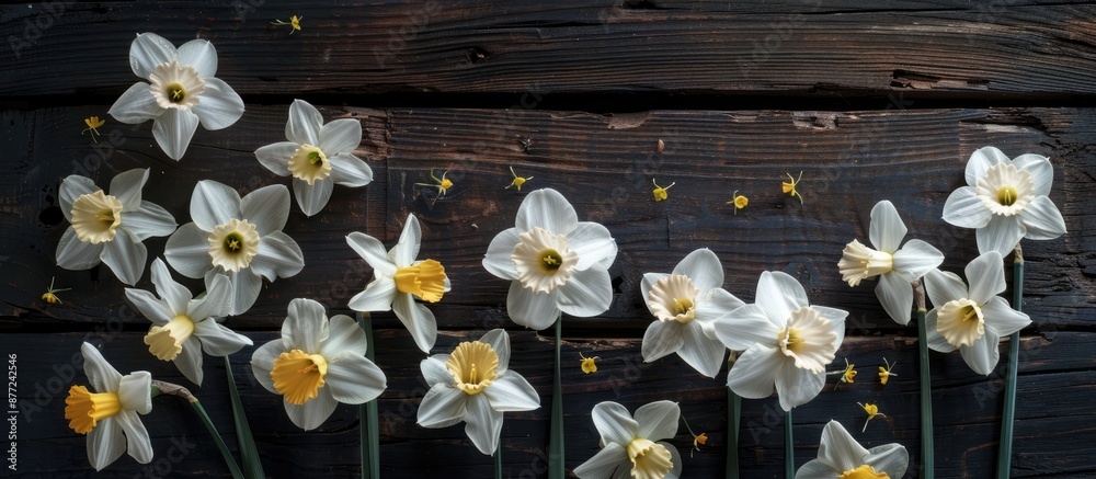 Obraz premium White daffodils are beautifully arranged on a dark wooden backdrop creating a perfect copy space image for text placement