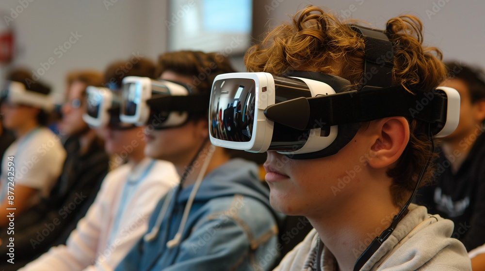 Students use virtual reality glasses. Students use virtual reality glasses.
