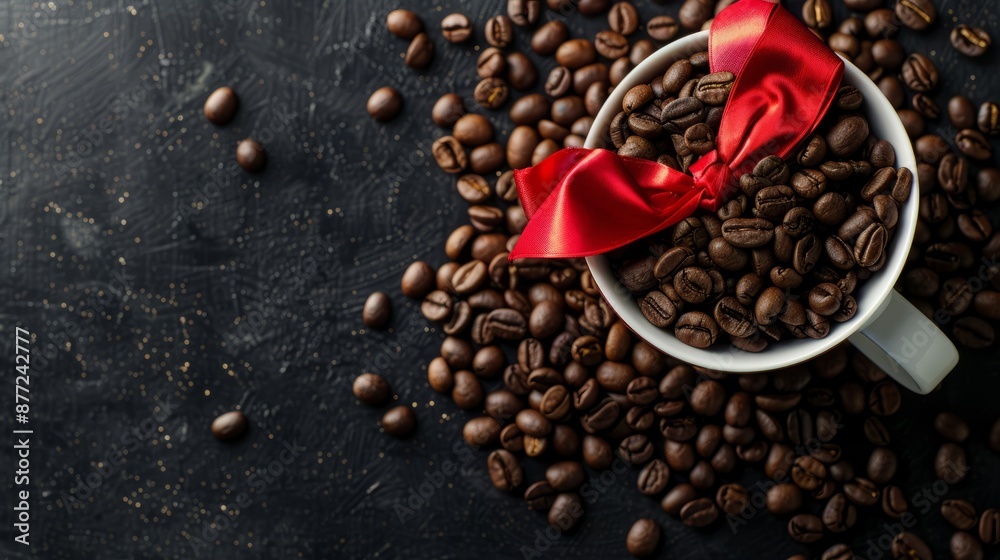 aromatic coffee beans in white cup with decoration of a red bow, spilled coffee beans, artistic decoration. copy space. coffee day aromatic coffee beans in white cup with decoration of a red bow, spilled coffee beans, artistic decoration. copy space. coffee day