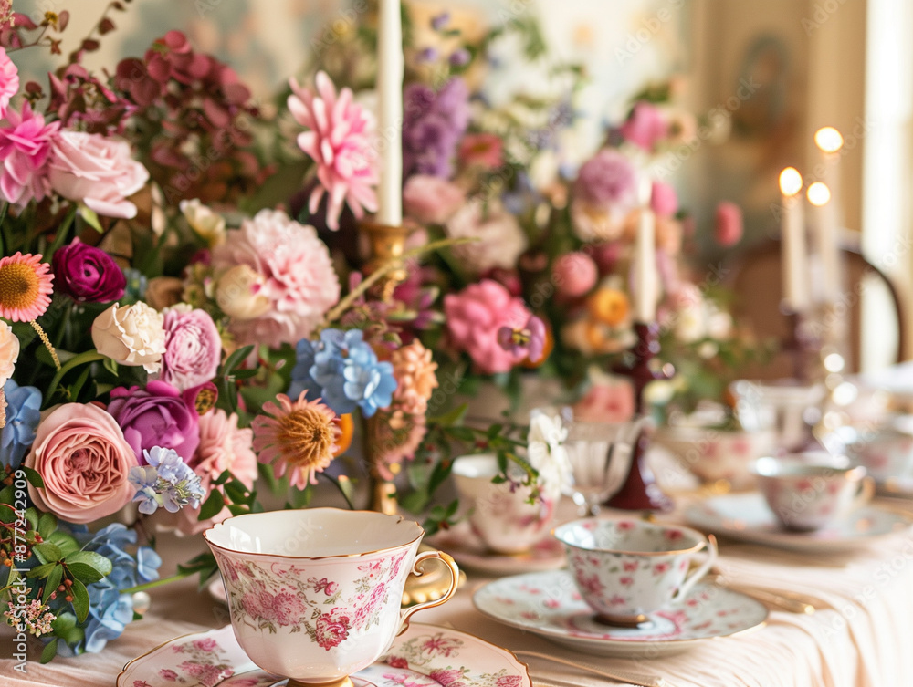 An opulent dining table set with fine china, lush floral arrangements, and lit candles An opulent dining table set with fine china, lush floral arrangements, and lit candles