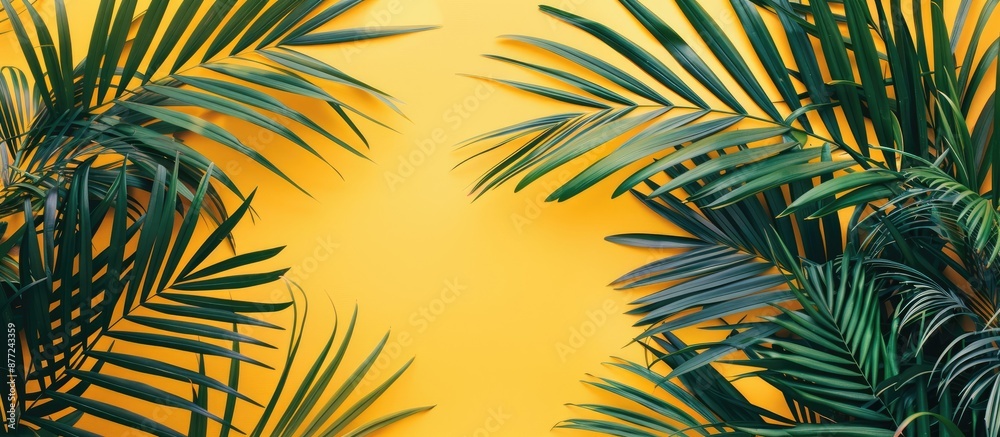 A vibrant flat lay scene featuring lush tropical palm leaves on a sunny yellow backdrop ideal for adding your text or design to the copy space image A vibrant flat lay scene featuring lush tropical palm leaves on a sunny yellow backdrop ideal for adding your text or design to the copy space image
