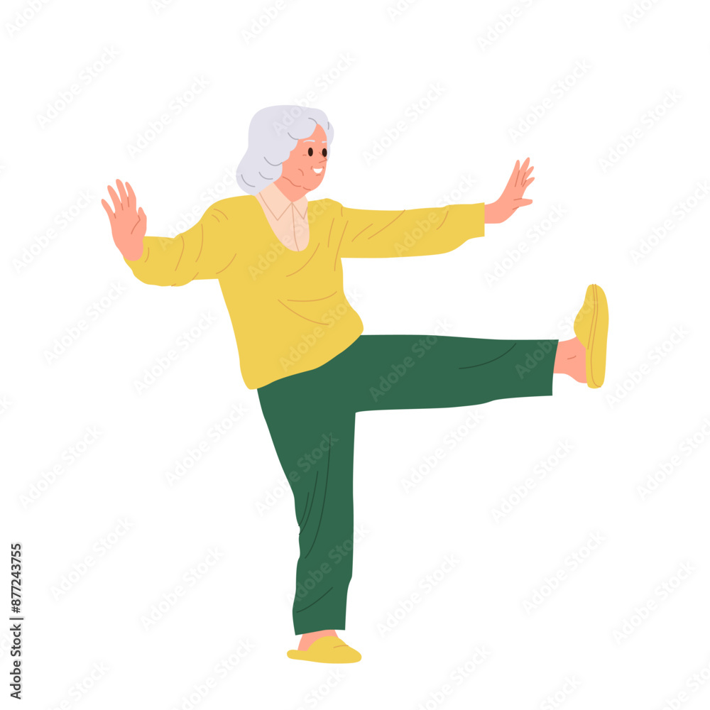 Peaceful aged mature retired woman cartoon character practicing tai chi technique for health Peaceful aged mature retired woman cartoon character practicing tai chi technique for health