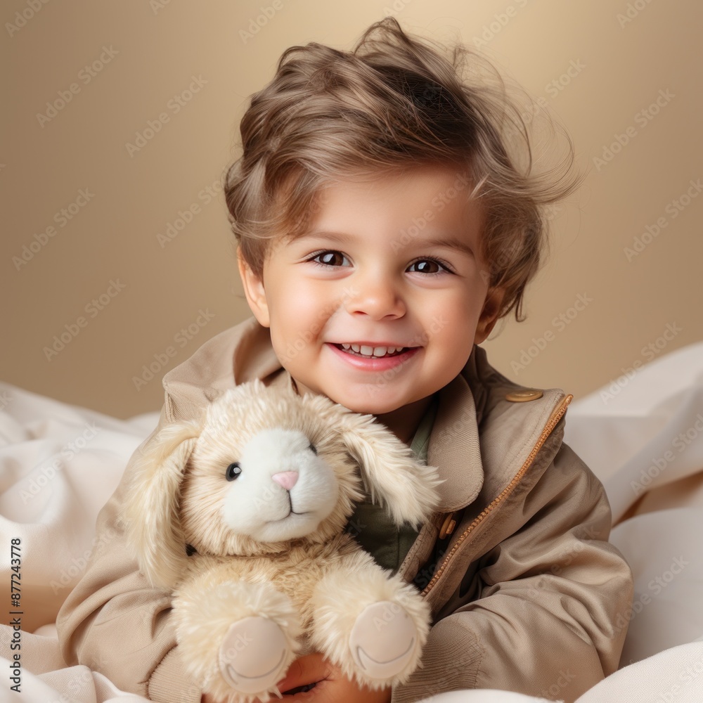 Cute little boy smiling and holding an adorable soft stuffed toy doll in his hands Cute little boy smiling and holding an adorable soft stuffed toy doll in his hands