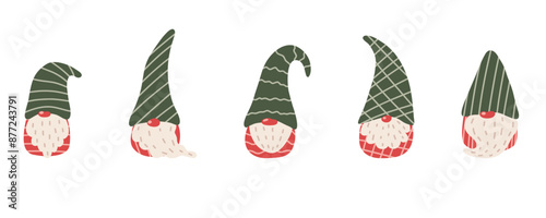 Christmas Scandinavian small gnomes. Little gnome in a New Year's santa hat. Set of flat cartoon hand drawn characters. Stock vector illustration isolated on white background. 