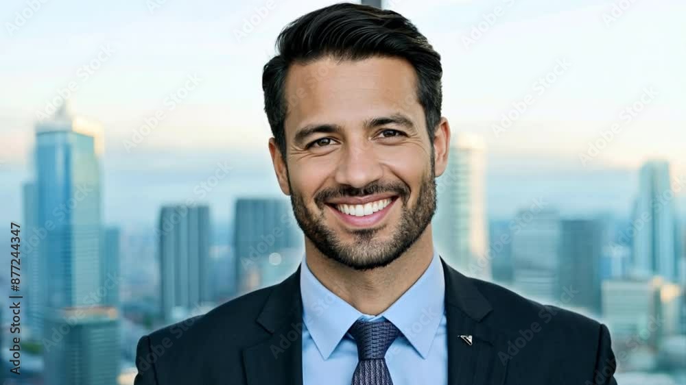 Confident businessman in a suit with a tie, looking directly at the camera with a smile Confident businessman in a suit with a tie, looking directly at the camera with a smile