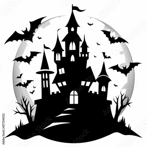 spooky castle with bats vector,Halloween illustration with castle and bats,