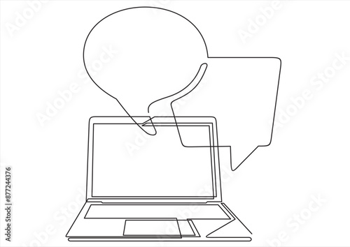 Social network. Continuous one line drawing of laptop and speech bubbles. learning or meeting online with teleconference, video conference remote working , work from home.