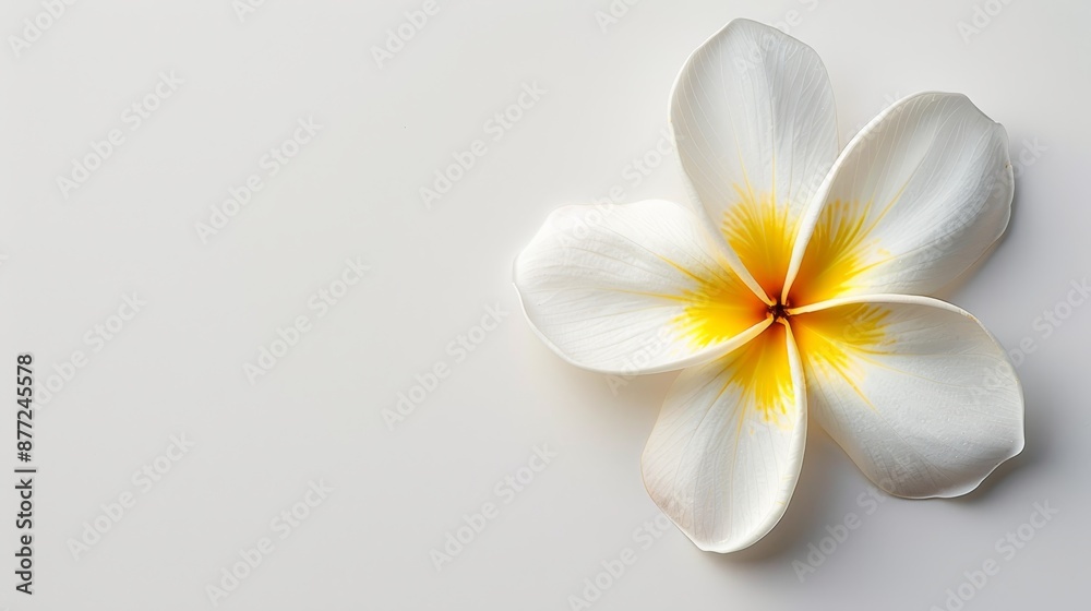Fototapeta premium single white plumeria flower isolated on white background, minimalist floral photography.