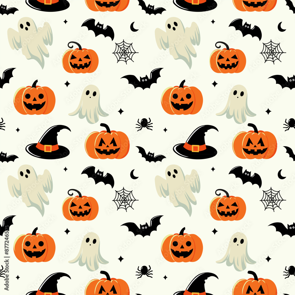 Fototapeta premium This Halloween pattern features a flat style with various iconic elements.Seamless background perfect for use in textiles, wallpapers, and festive decorations.