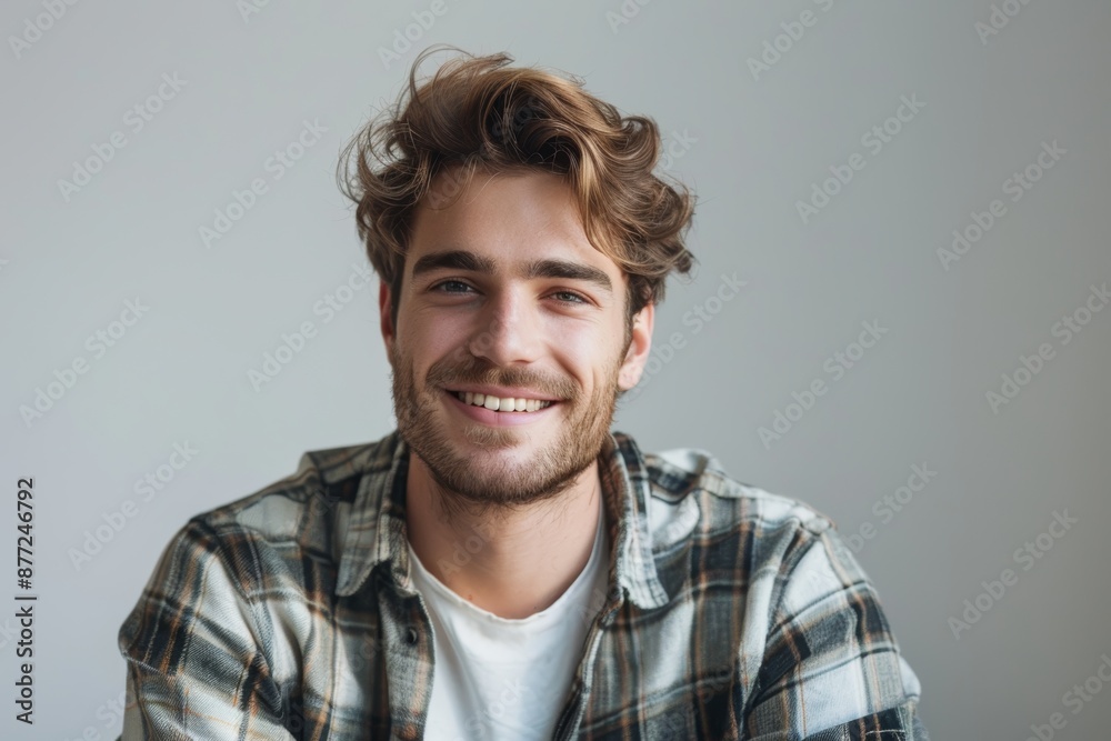 Portrait of a blissful caucasian man in his 20s dressed in a relaxed flannel shirt in front of minimalist or empty room background