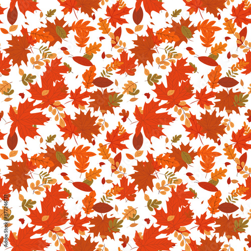 A simple autumn pattern in flat style featuring colorful leaves arranged in a repeating design.Background for textiles, fabrics, cotton fabric, covers, wallpaper, print, gift wrapping, postcard.