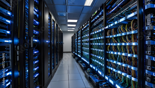 Connection network in servers data center room With Multiple Rows of Fully Operational Server Racks