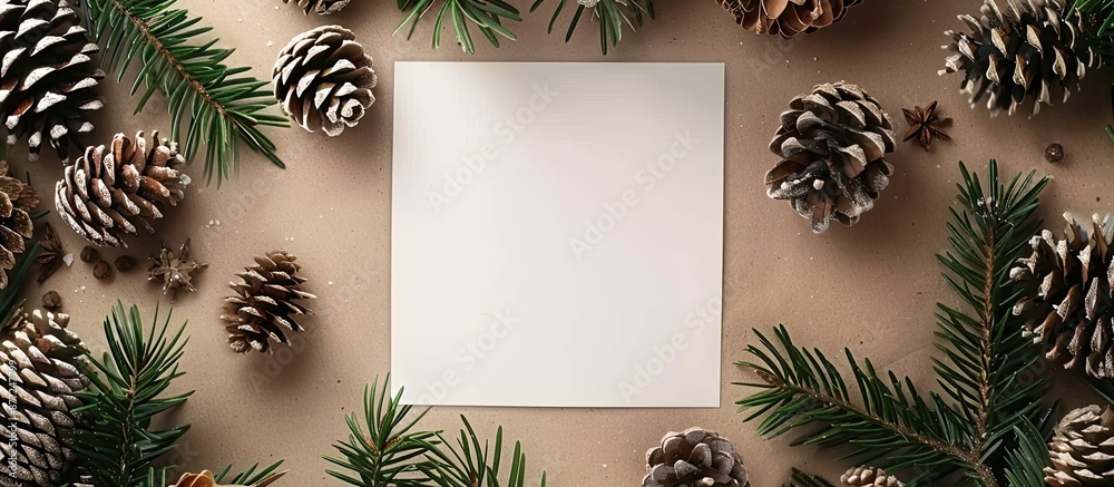 Christmas pine cones creatively arranged with a square paper blank in a festive design Top view flat lay with a theme for Xmas and New Year featuring a copy space image Christmas pine cones creatively arranged with a square paper blank in a festive design Top view flat lay with a theme for Xmas and New Year featuring a copy space image