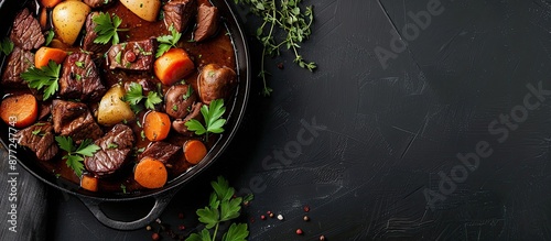 A skillet holding beef stew...