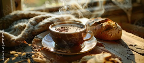 A steaming cup of coffee wi...