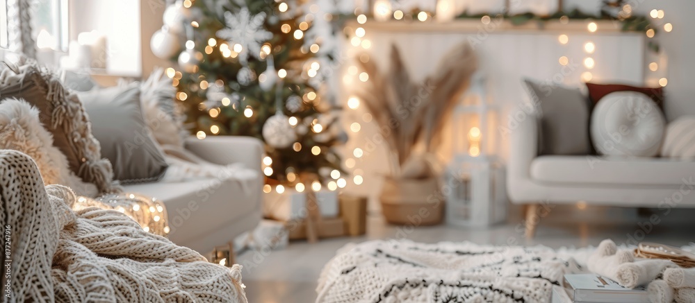 A contemporary white decoration hangs on a chic Bohemian Christmas tree with lights in a Scandinavian inspired festive room The cozy ambiance creates a perfect copy space image A contemporary white decoration hangs on a chic Bohemian Christmas tree with lights in a Scandinavian inspired festive room The cozy ambiance creates a perfect copy space image