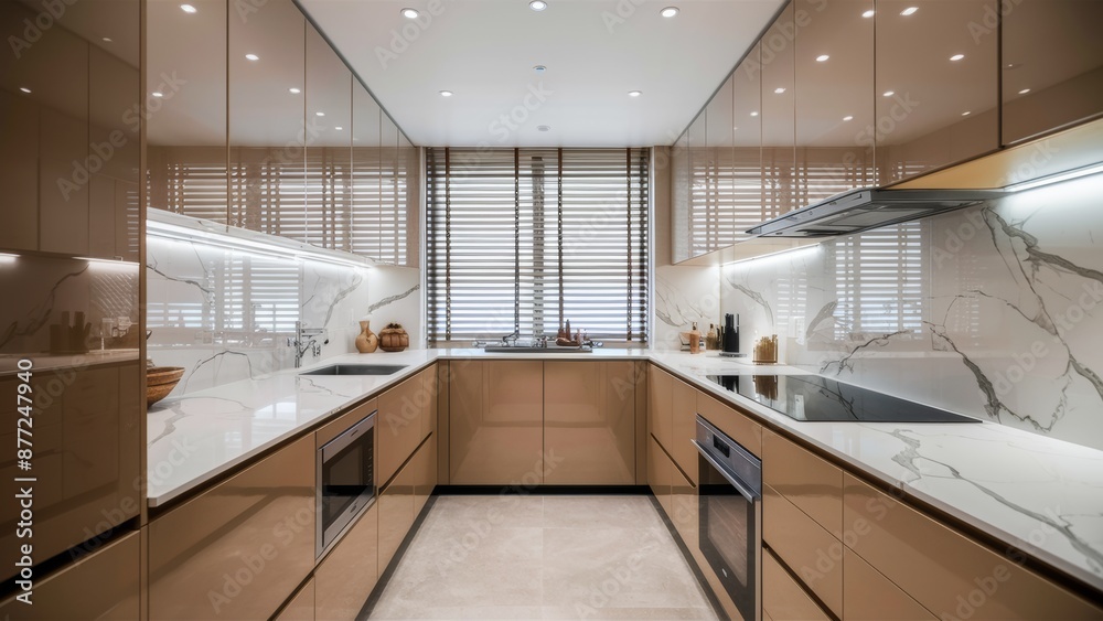 A kitchen with a marble counter top and white cabinets, AI A kitchen with a marble counter top and white cabinets, AI