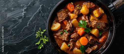 A skillet holding beef stew...