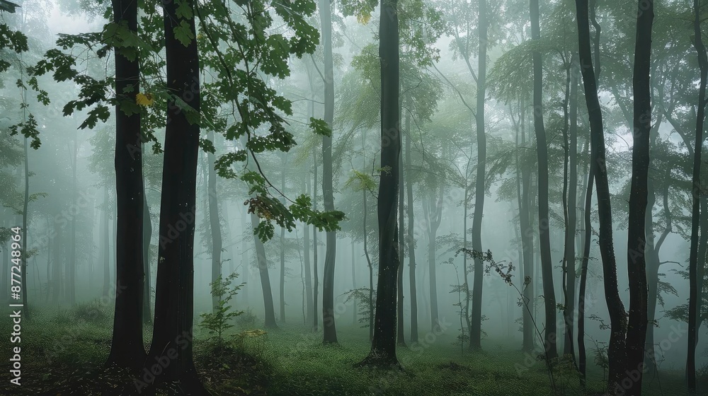 Fototapeta premium Serene misty forest scene with tall trees and soft green ground cover, creating a calming and peaceful natural environment.