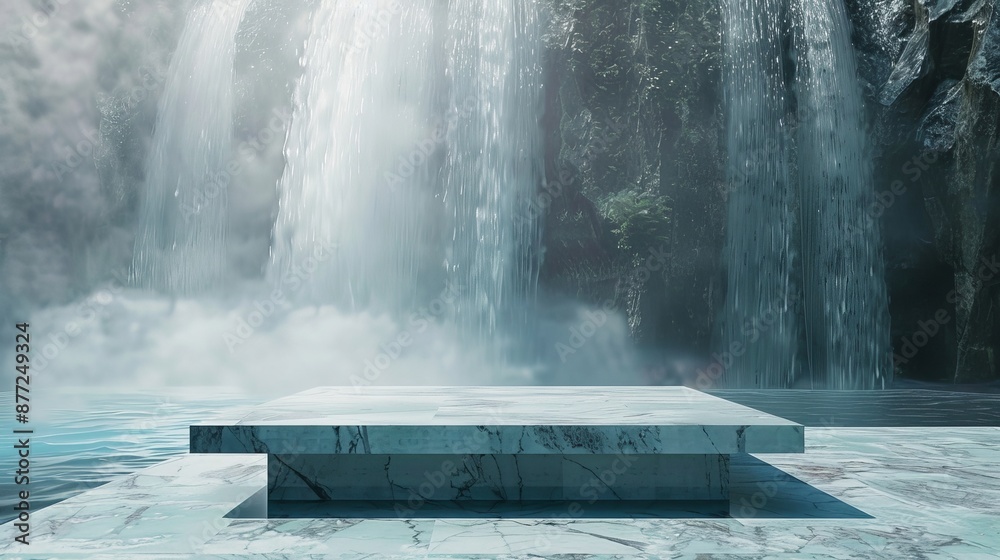 Empty Marble Platform with Cascading Waterfall Background - Serene Natural Landscape Scene Empty Marble Platform with Cascading Waterfall Background - Serene Natural Landscape Scene