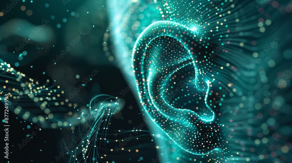 Innovative Echoes: Abstract Digital Ear with Futuristic Line Art and Tech Elements Innovative Echoes: Abstract Digital Ear with Futuristic Line Art and Tech Elements