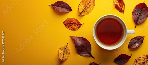 Close up image of a cup of black tea set on a yellow background evoking an autumn ambiance with room for additional content photo