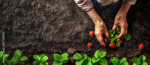 Elderly woman planting stra...