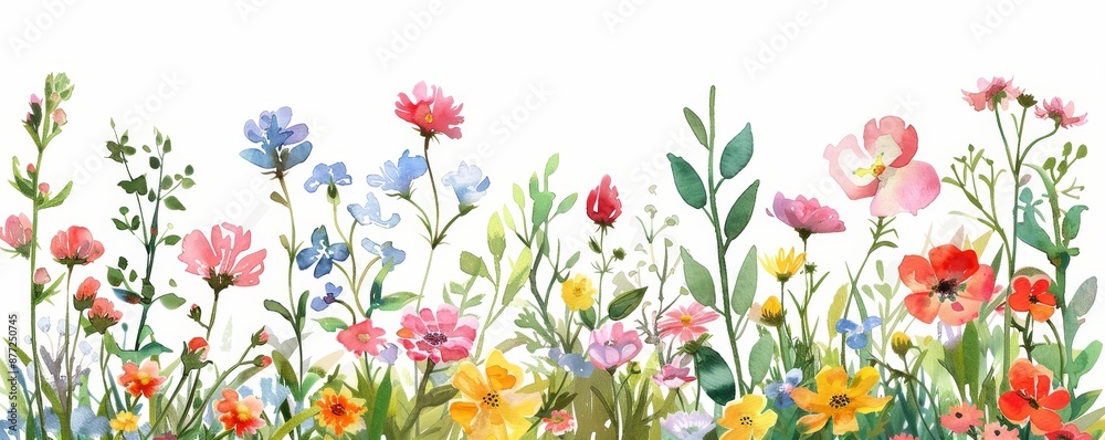 Botanical Bliss - Vibrant Watercolor Illustration of Lush Garden with Blooming Flowers on White Background for Copy Space Botanical Bliss - Vibrant Watercolor Illustration of Lush Garden with Blooming Flowers on White Background for Copy Space