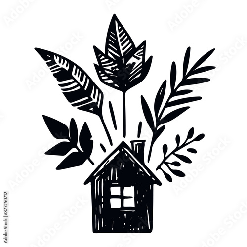 house with leaves abstract silhouette sketch