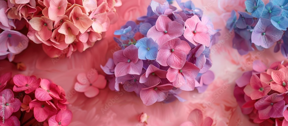Obraz premium An isolated bouquet of vibrant hydrangea flowers on a soft pink backdrop providing copy space image