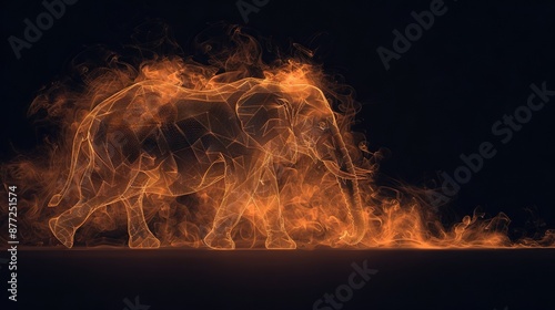   An elephant perched atop an orange-blazing platform against a black backdrop