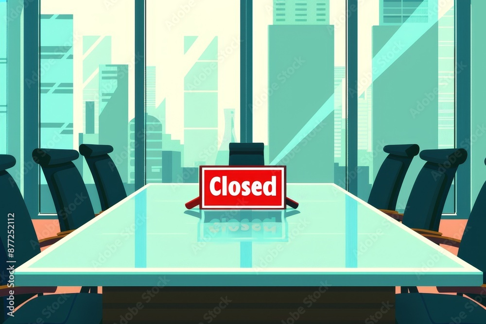 Corporate Boardroom Closure - Empty Chairs, Closed Sign on Table - Flat Design Illustration on White Background with Copy Space