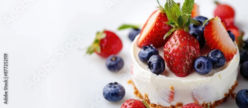 A cheesecake decorated with...