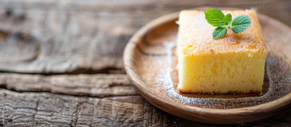 Cassava cake displayed with a wooden copy space image