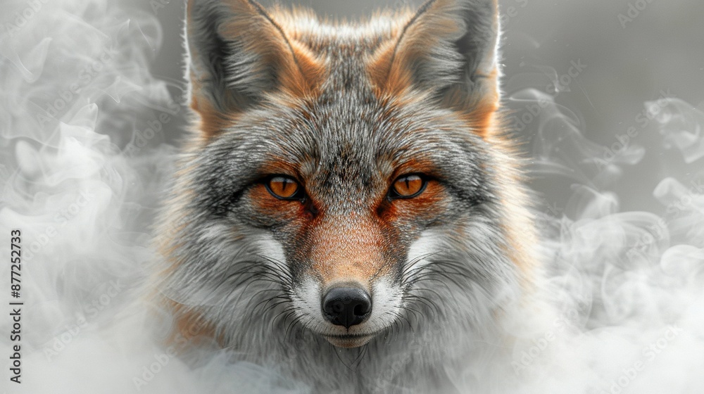 Obraz premium Close-up shot of a fox's face with smoke rising from behind its head