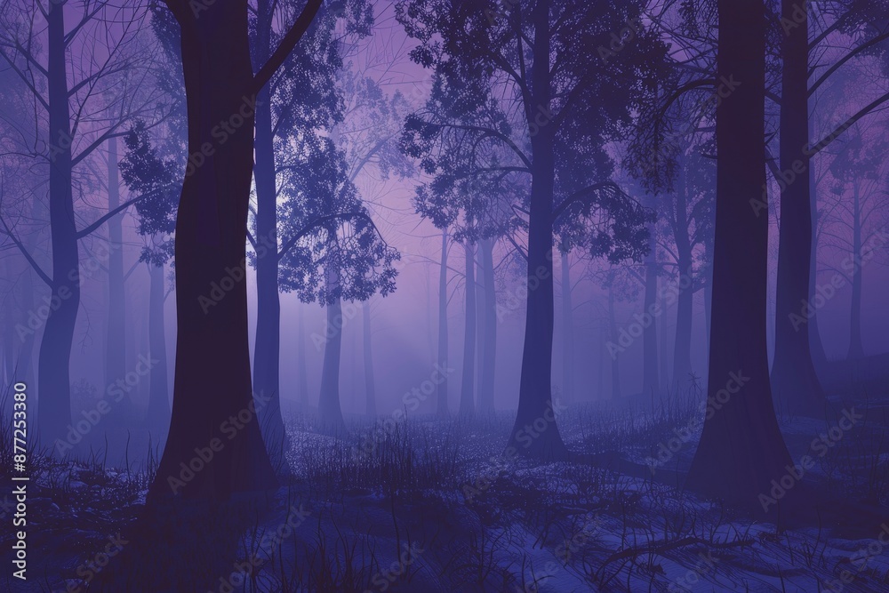 Naklejka premium Enchanting Misty Forest in Complementary Color Scheme - Front View 3D Render with Mystical Theme and Flat Design