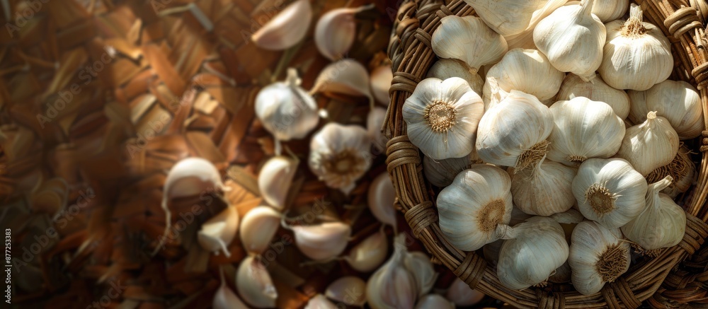 A detailed shot of garlic on a wicker basket with a blank area on the right for additional content in the image A detailed shot of garlic on a wicker basket with a blank area on the right for additional content in the image