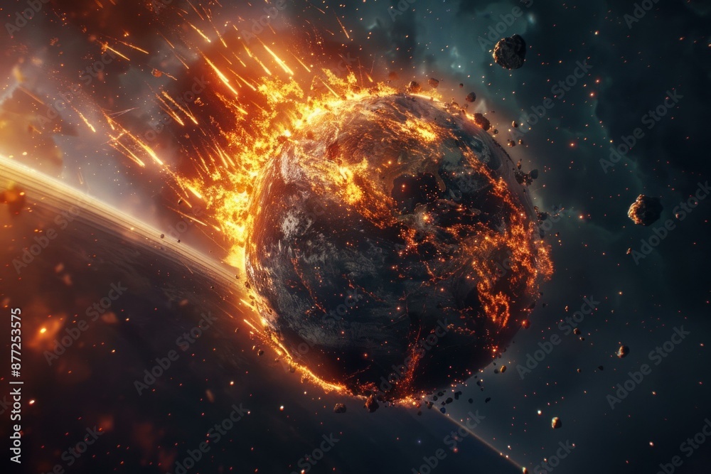 Fototapeta premium Fiery apocalyptic planet destruction scene in outer space with a catastrophic asteroid collision and dramatic orbital impact, depicted in a stunning 3d rendering digital illustration