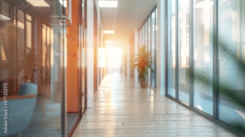 Modern Office Interior with Long Corridor and Defocused Room Background, Business Presentation Concept