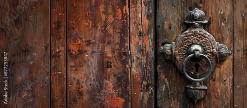 An aged metal doorknob on a vintage wooden door featuring traditional windows doors and locks in a Moroccan style all set against a copy space image