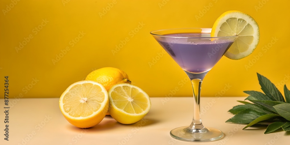 Fresh summer Purple rain cocktail in a martini glass with lemon slices. Fresh summer Purple rain cocktail in a martini glass with lemon slices.
