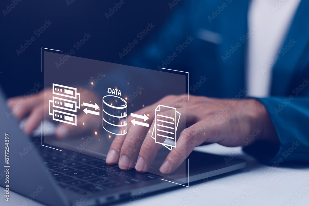 Database management cloud computing or data center, file document transfer or business administrator. File Transfer Protocol files receiver and computer, transfer data between folder, Backup data.