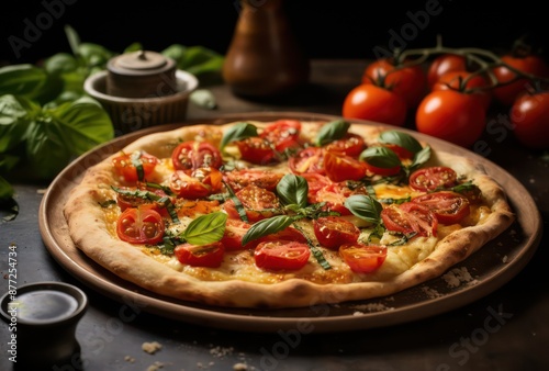 A pizza plate rests on a wooden table, surrounded by vibrant fresh tomatoes and fragrant basil, creating a deliciously inviting atmosphere