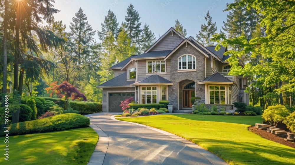 Photo of an upscale suburban home on a large lot, surrounded by forest trees on a bright summer day - Photo of an upscale suburban home on a large lot, surrounded by forest trees on a bright summer day -