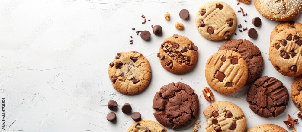 Variety of fresh bakery cookies on a white backdrop perfect for copy space image Variety of fresh bakery cookies on a white backdrop perfect for copy space image