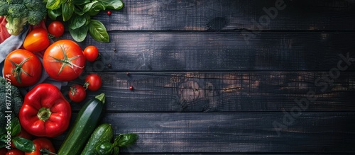 Top view of fresh vegetables on a dark wooden surface suitable for menus or recipes with a spacious area for additional content in the image