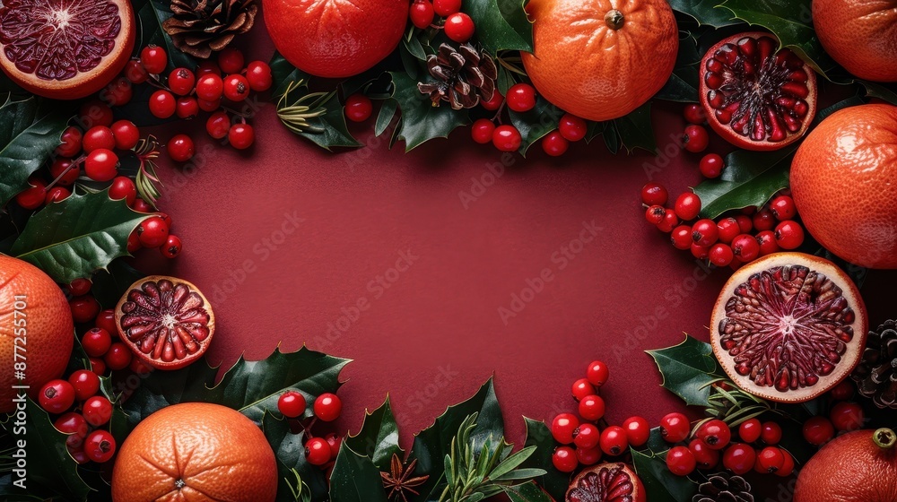 Photograph of a holiday market with seasonal produce and decorations, close-up on a bright, colorful background, holiday preparations, high angle Photograph of a holiday market with seasonal produce and decorations, close-up on a bright, colorful background, holiday preparations, high angle
