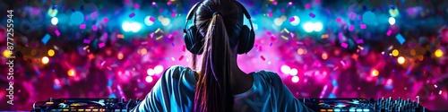 Creative Female DJ Energizes Nightclub with Electrifying EDM Performance. Pulsating Lights, Confetti, and Beats Create a Vibrant Atmosphere in the Club, Perfect for Music Festivals and Bars. © Da