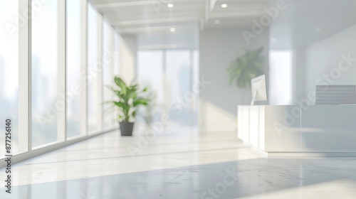 Modern Bright Office Space with White Walls and Minimalist Decor, Blurred Background