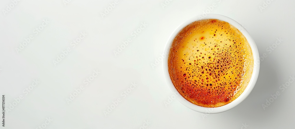 Top view of a homemade creme brulee set against a white background with ample copy space image provided Top view of a homemade creme brulee set against a white background with ample copy space image provided